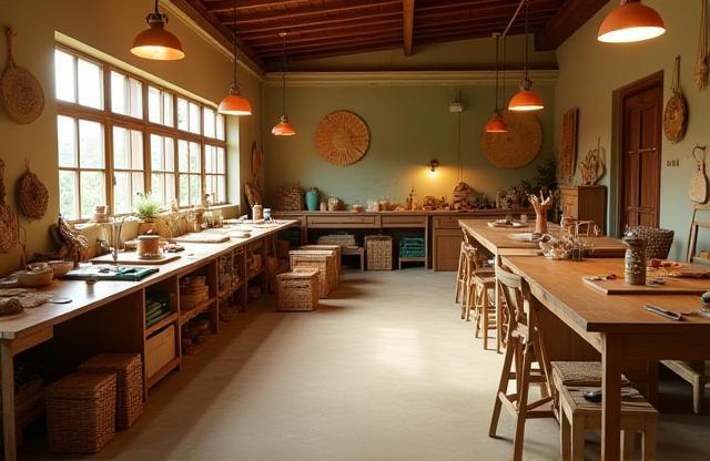 Interior view of Seri Kraf Malaysia workshop with crafting stations, inviting and bright