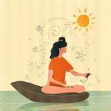 Illustration depicting creative exploration, maybe symbols for imagination, skill, and relaxation