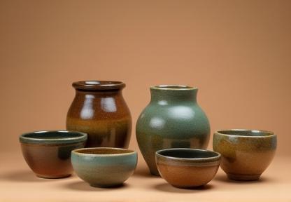 Collection of beautiful handmade ceramic pottery pieces, including bowls and cups with earthy glazes