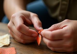 Close-up image of hands carefully working on a small craft project, highlighting focus and detail